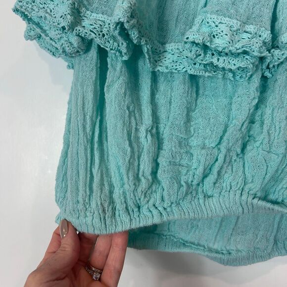 Jen's Pirate Booty Top Womens One Size teal Gauze Ruffle Lace Crop Off Shoulder - Picture 11 of 11